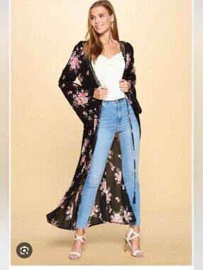 ODDY Black Floral Lace-Trim Kimono Duster with Pink Blooms